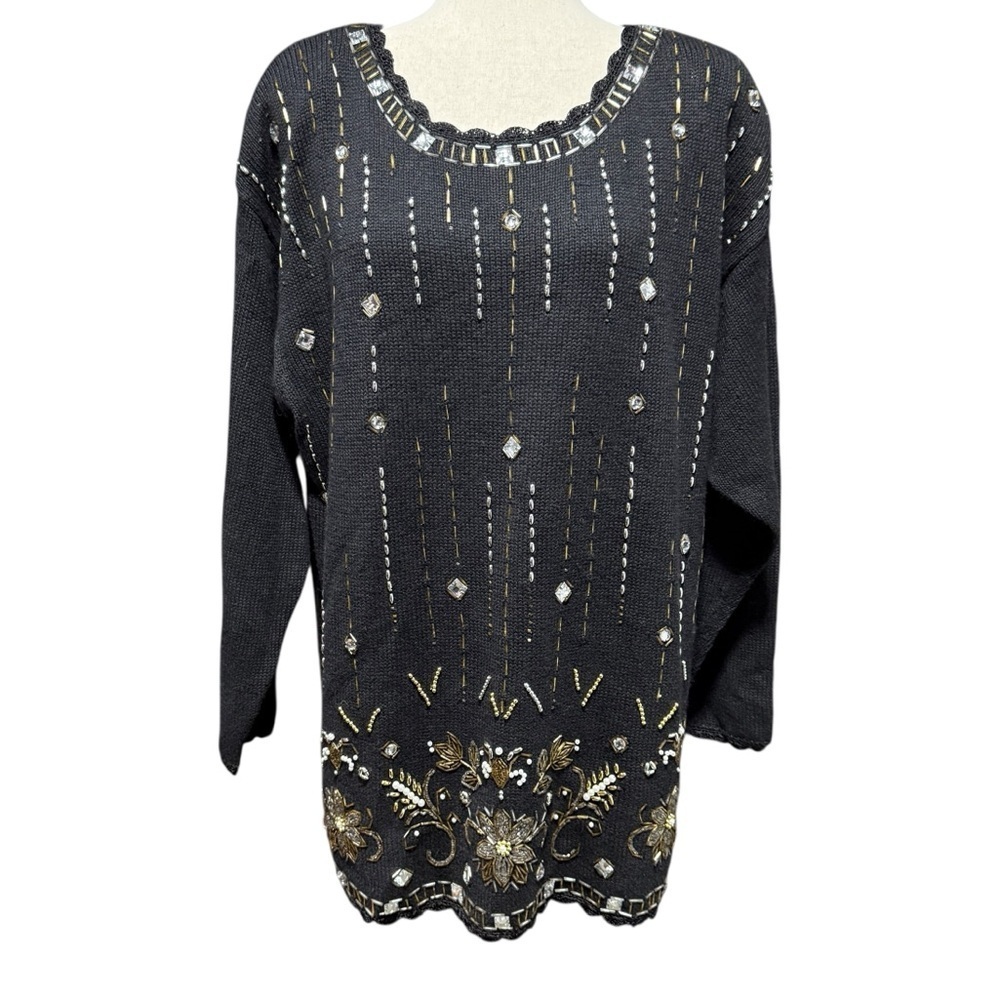 Yarnworks Vintage Beaded Floral Tunic Sweater Size 20W Rhinestones Event Retro